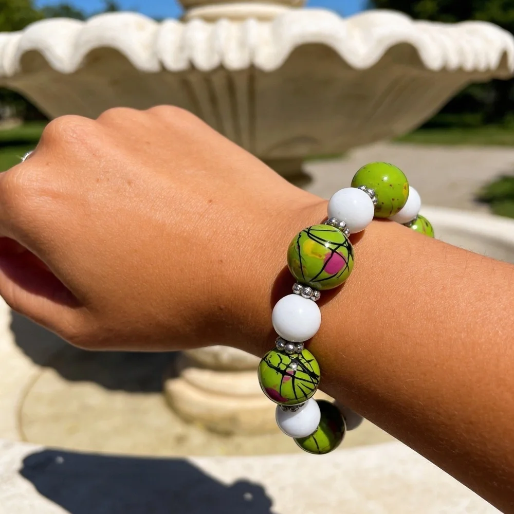 Lime Splash Statement Beaded Bracelet – White Accent Chunky Stretch Jewelry